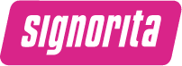 Bold signorita logo on vibrant pink background, conveying fun and youthful energy.