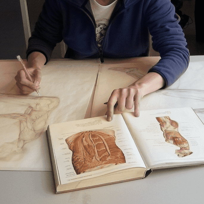 Artist creating medical illustrations using anatomy book and drawing materials in an inspiring workspace.