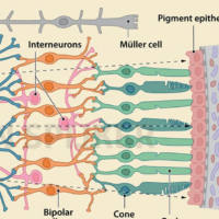 Detailed diagram of the human retina illustrating the vision process and retinal structure.