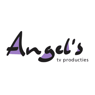 Logo voor Angels TV Producties, met stijlvolle typografie en een rustgevend lavendelkleurig accent.