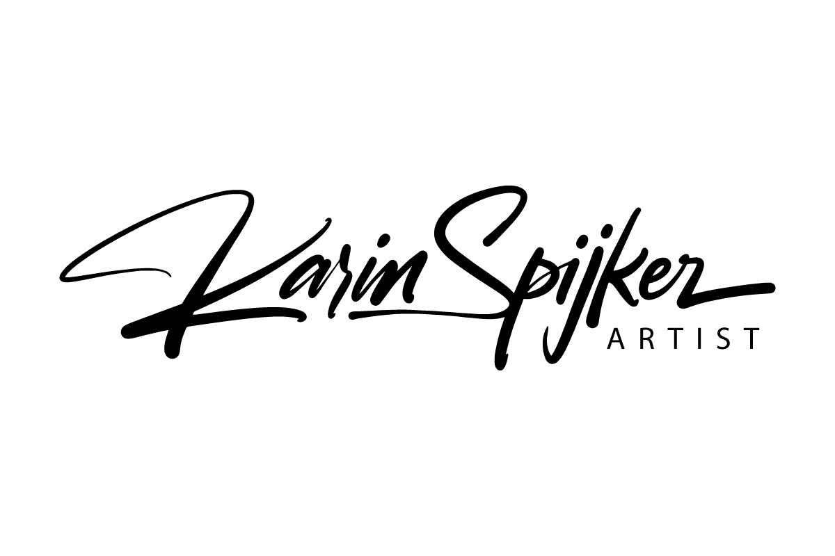 Karin Spijker handtekening en kunstenaarslabel in een strak, modern ontwerp.