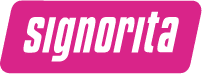 Bold signorita logo on vibrant pink background, conveying fun and youthful energy.